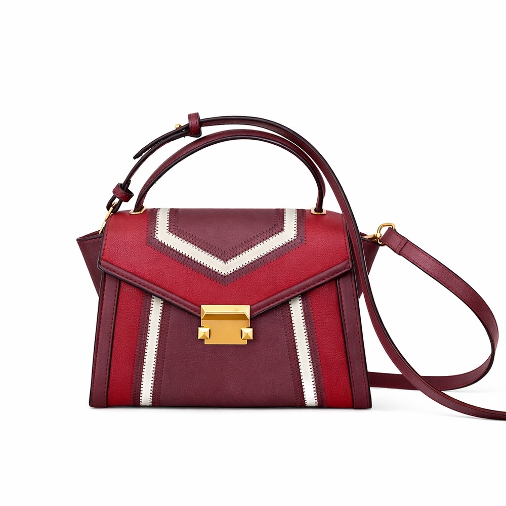 Michael Kors Whitney Medium Burgundy Colorblock Leather Bag Gold Hardware New - Picture 3 of 8